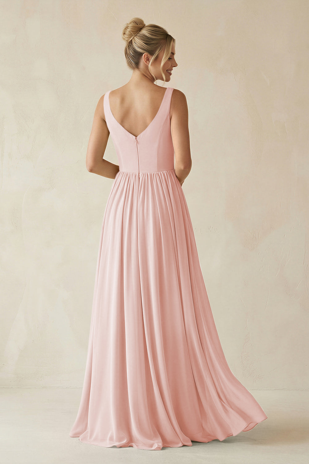 V-Neck Chiffon A-Line Long Bridesmaid Dress in Rose Petal