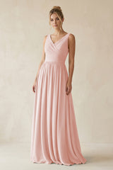 Rose Petal V-Neck Chiffon A-Line Long Bridesmaid Dress | KISSBRIDAL