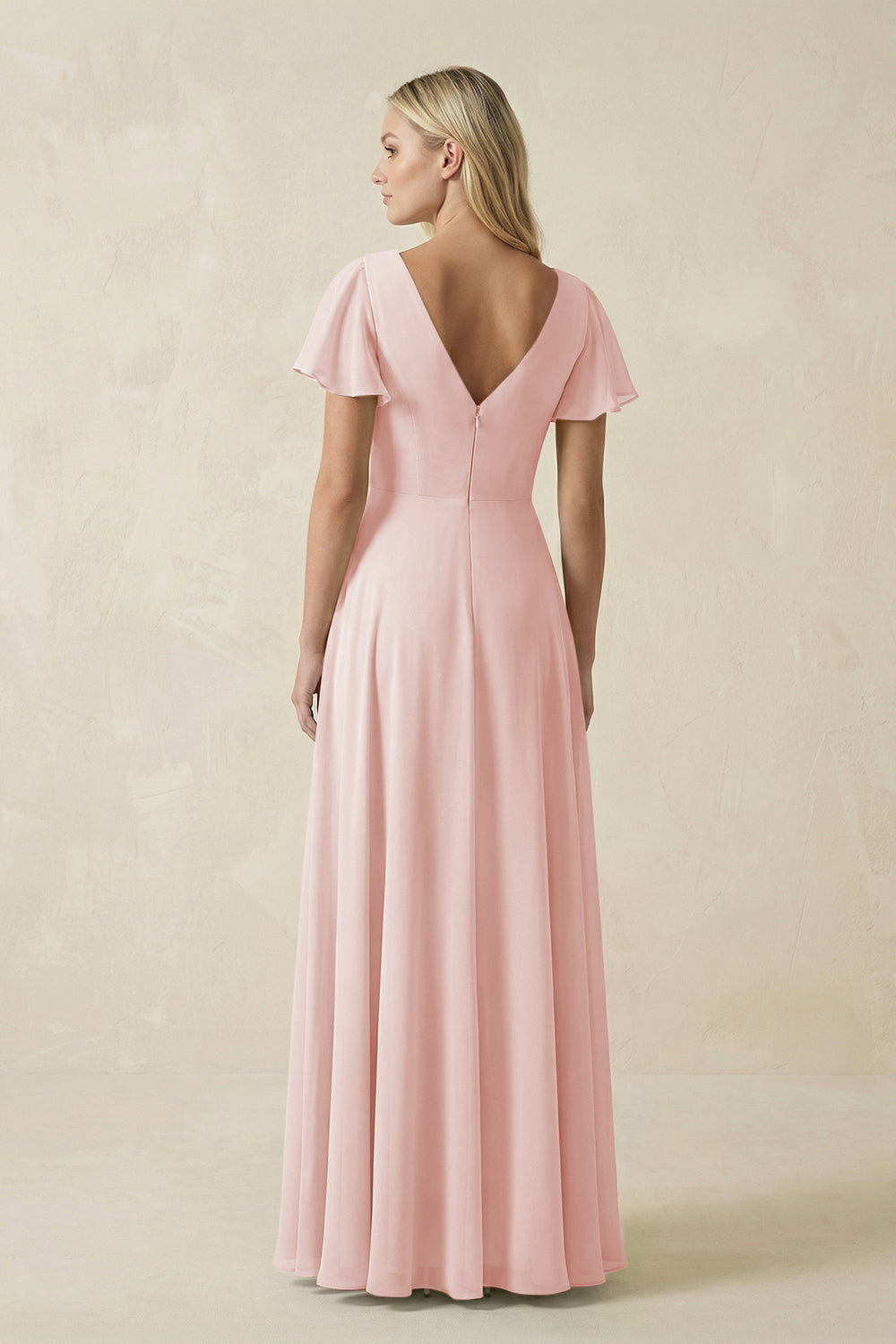 V-Neck Flutter Sleeve A-Line Chiffon Bridesmaid Dress in Rose Petal