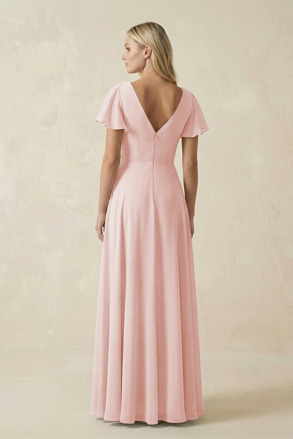 Rose Petal V-Neck Flutter Sleeve A-Line Chiffon Bridesmaid Dress (2) | KISSBRIDAL