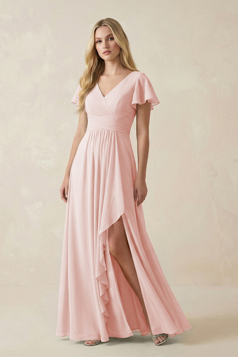 V-Neck Flutter Sleeve A-Line Chiffon Bridesmaid Dress in Rose Petal