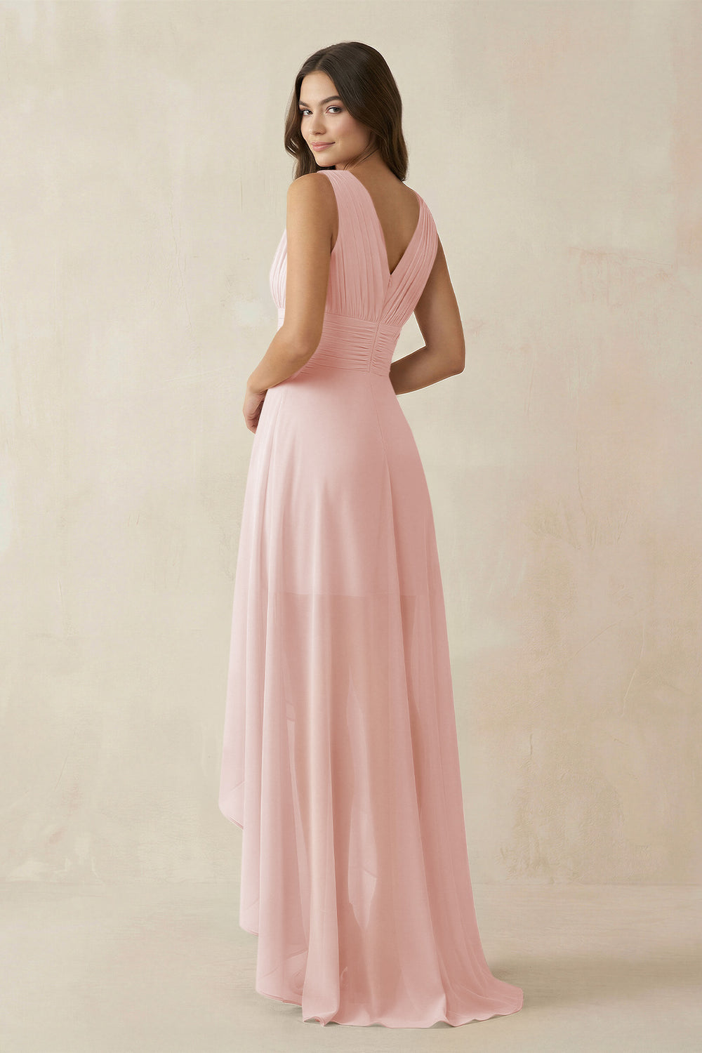 V-Neck High-Low Chiffon Bridesmaid Dress in Rose Petal