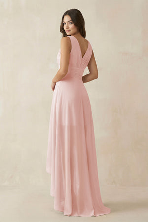 Rose Petal V-Neck High-Low Chiffon Bridesmaid Dress (2) | KISSBRIDAL