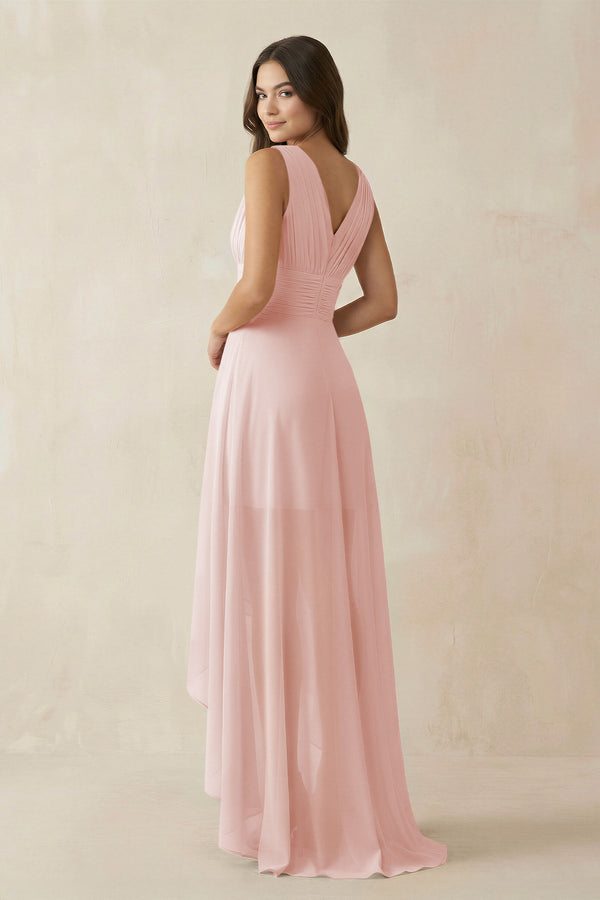 Rose Petal V-Neck High-Low Chiffon Bridesmaid Dress (2) | KISSBRIDAL