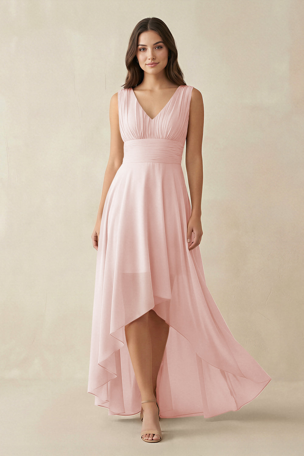 V-Neck High-Low Chiffon Bridesmaid Dress in Rose Petal