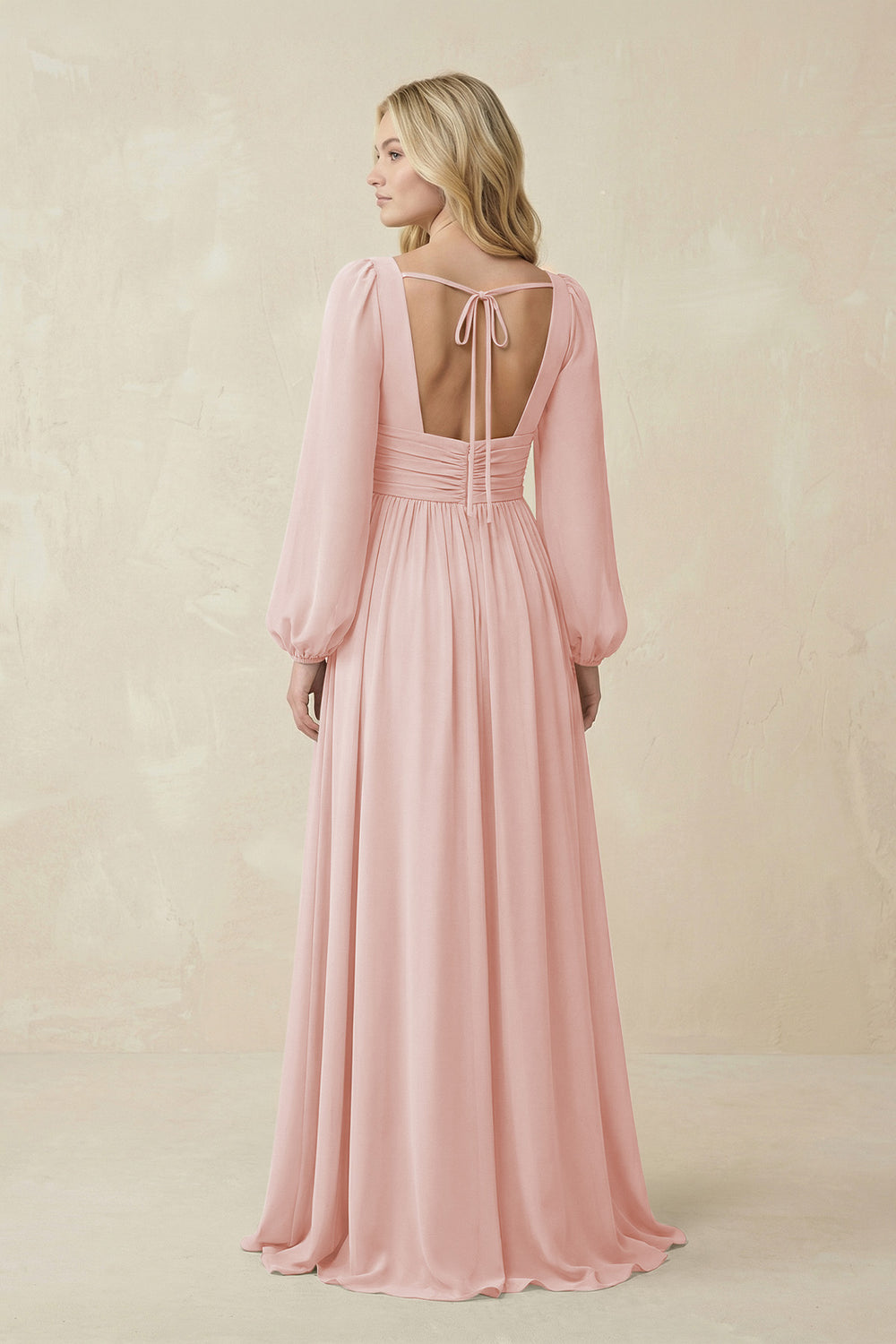 V-Neck Long Sleeve A-Line Chiffon Bridesmaid Dress in Rose Petal
