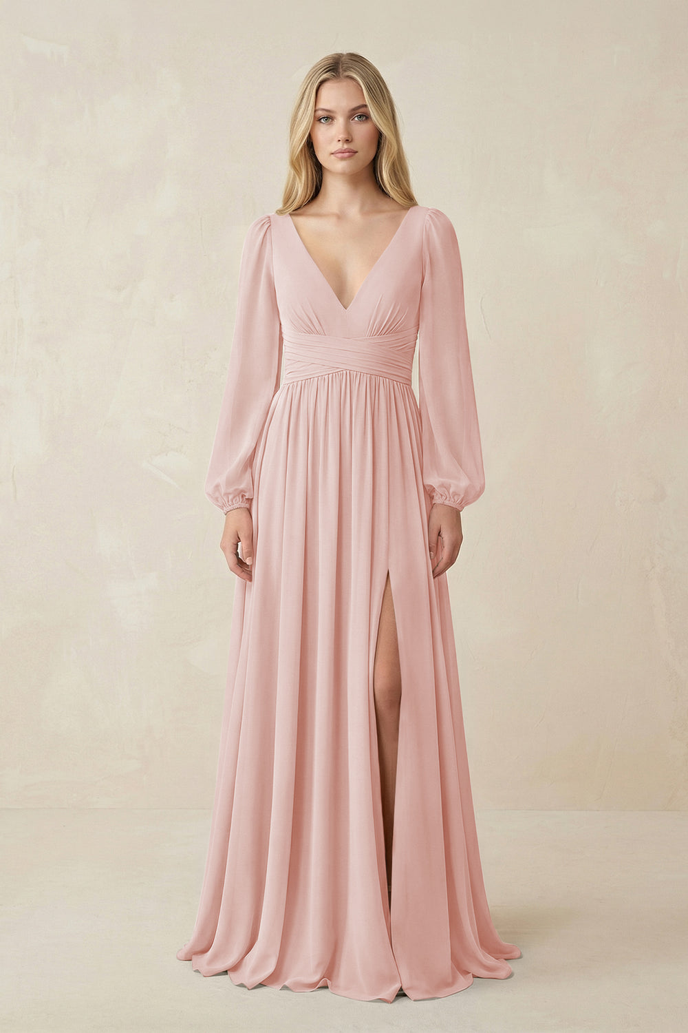 V-Neck Long Sleeve A-Line Chiffon Bridesmaid Dress in Rose Petal