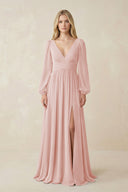 Rose Petal V-Neck Long Sleeve A-Line Chiffon Bridesmaid Dress | KISSBRIDAL