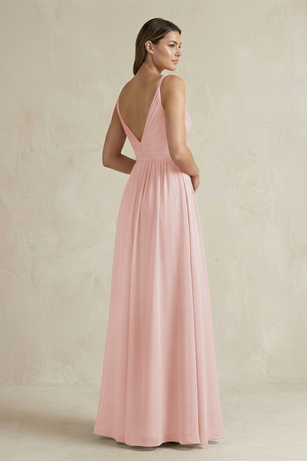 V-Neck Pleated A-Line Chiffon Bridesmaid Dress in Rose Petal