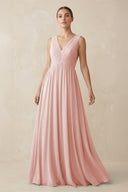 Rose Petal V-Neck Pleated A-Line Chiffon Bridesmaid Dress | KISSBRIDAL
