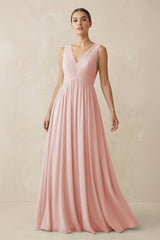 Rose Petal V-Neck Pleated A-Line Chiffon Bridesmaid Dress | KISSBRIDAL