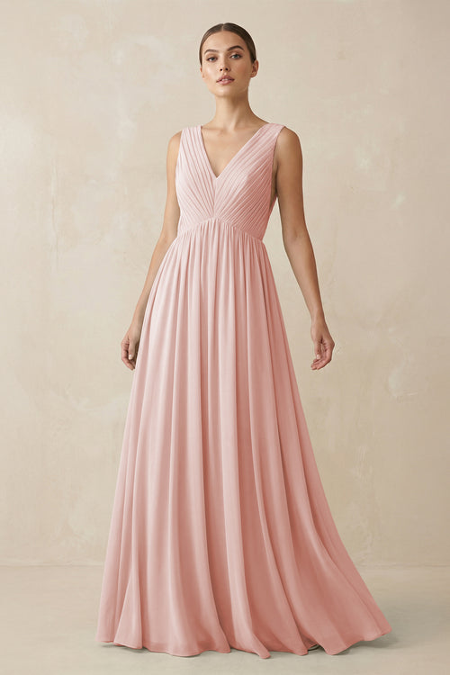 Rose Petal V-Neck Pleated A-Line Chiffon Bridesmaid Dress | KISSBRIDAL