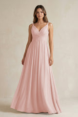 Rose Petal V-Neck Pleated A-Line Chiffon Bridesmaid Dress | KISSBRIDAL