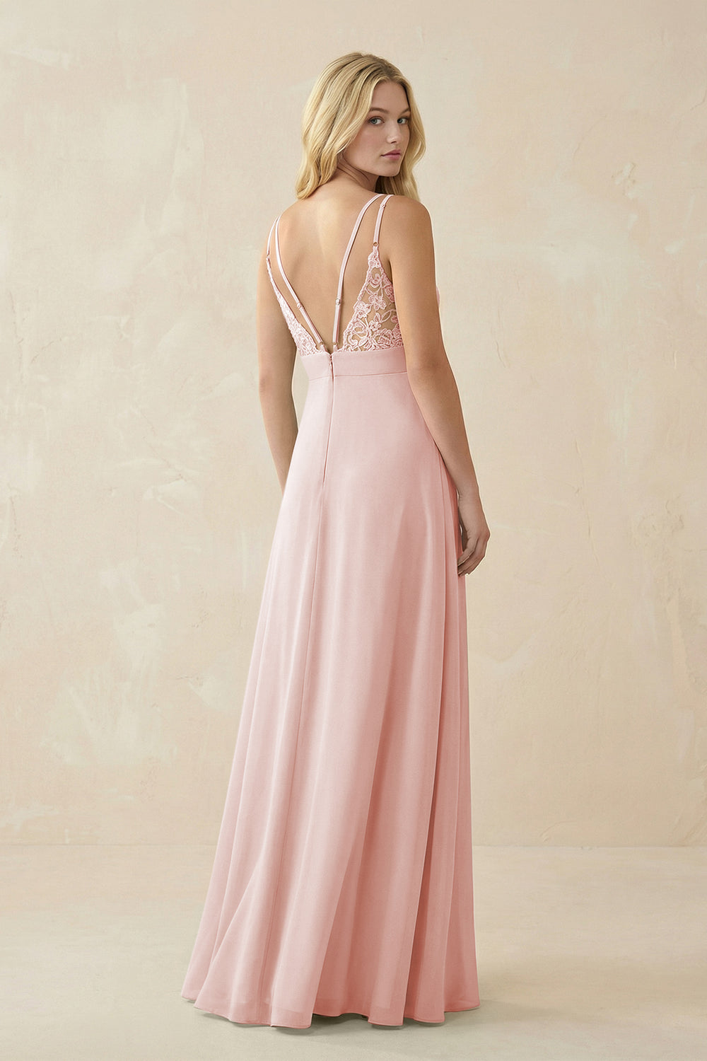 V-Neck Ruched Chiffon Bridesmaid Dress with Slit in Rose Petal