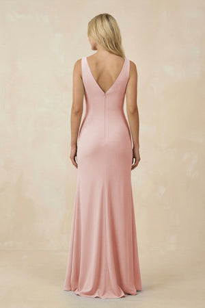 Rose Petal V-Neck Ruched Sheath Bridesmaid Dress with Slit (2) | KISSBRIDAL