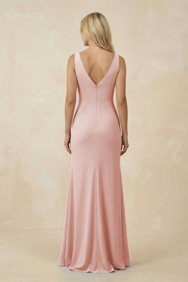 Rose Petal V-Neck Ruched Sheath Bridesmaid Dress with Slit (2) | KISSBRIDAL