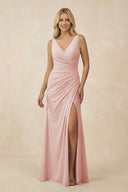 Rose Petal V-Neck Ruched Sheath Bridesmaid Dress with Slit | KISSBRIDAL