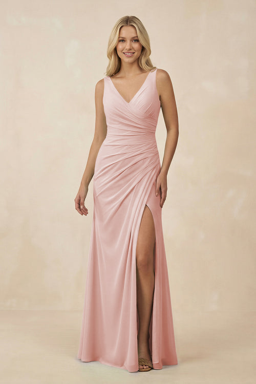 Rose Petal V-Neck Ruched Sheath Bridesmaid Dress with Slit | KISSBRIDAL
