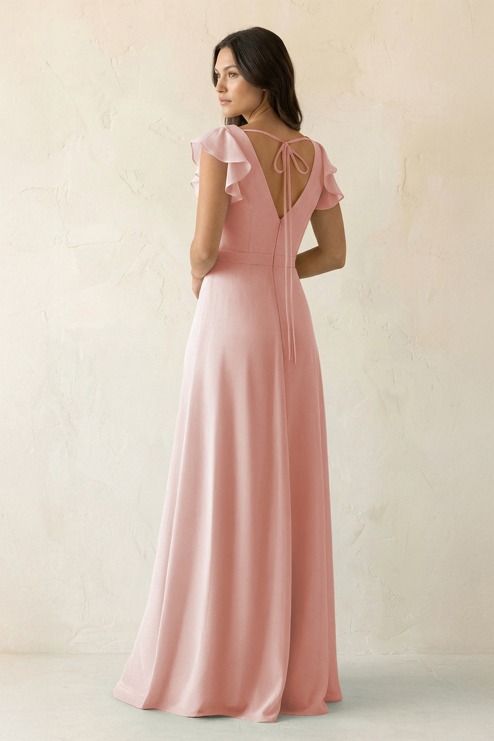 V-Neck Ruffled A-Line Chiffon Bridesmaid Dress in Rose Petal