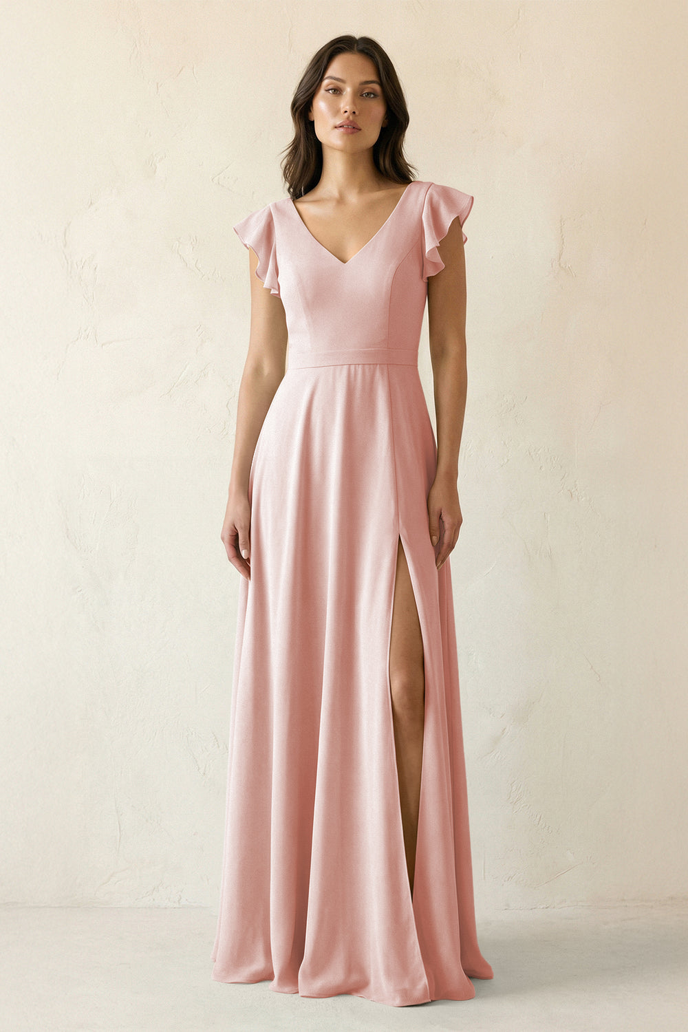 V-Neck Ruffled A-Line Chiffon Bridesmaid Dress in Rose Petal