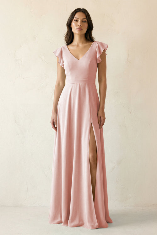 Rose Petal V-Neck Ruffled A-Line Chiffon Bridesmaid Dress | KISSBRIDAL