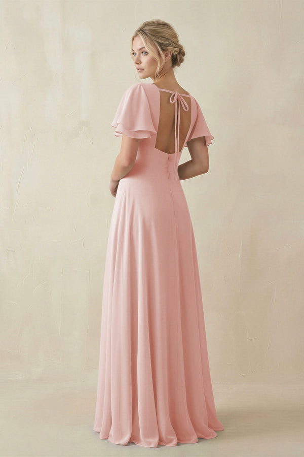Rose Petal V-Neck Ruffled Short Sleeves A-Line Bridesmaid Dress (2) | KISSBRIDAL