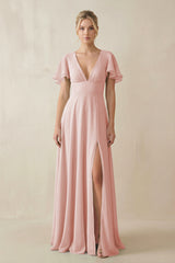 Rose Petal V-Neck Ruffled Short Sleeves A-Line Bridesmaid Dress | KISSBRIDAL