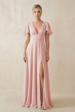 Rose Petal V-Neck Ruffled Short Sleeves A-Line Bridesmaid Dress | KISSBRIDAL