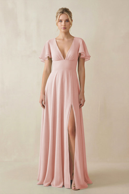 Rose Petal V-Neck Ruffled Short Sleeves A-Line Bridesmaid Dress | KISSBRIDAL