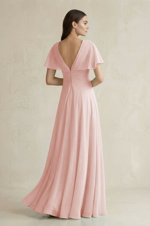 Rose Petal V-Neck Ruffled Sleeve A-Line Chiffon Bridesmaid Dress (2) | KISSBRIDAL
