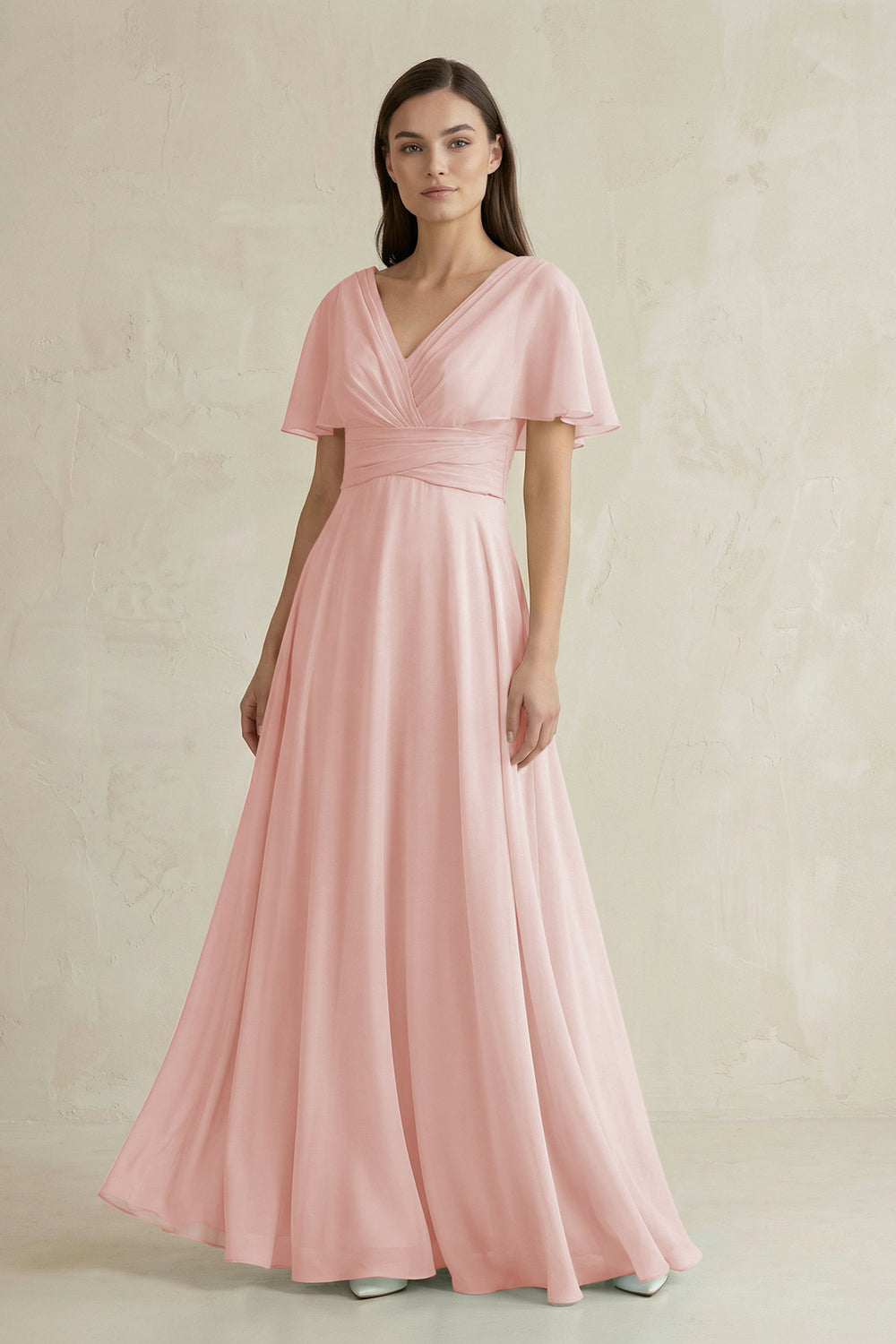 V-Neck Ruffled Sleeve A-Line Chiffon Bridesmaid Dress in Rose Petal
