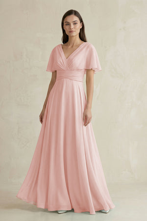 Rose Petal V-Neck Ruffled Sleeve A-Line Chiffon Bridesmaid Dress | KISSBRIDAL