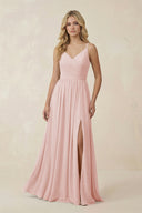 Rose Petal V-Neck Spaghetti Strap A-Line Chiffon Bridesmaid Dress | KISSBRIDAL