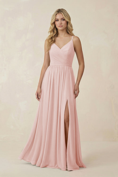 Rose Petal V-Neck Spaghetti Strap A-Line Chiffon Bridesmaid Dress | KISSBRIDAL