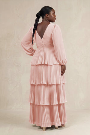 Rose Petal V-Neck Tiered A-Line Long Sleeve Bridesmaid Dress (2) [sizeplus] | KISSBRIDAL