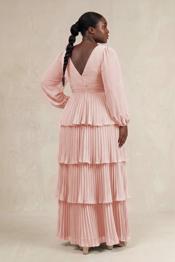 Rose Petal V-Neck Tiered A-Line Long Sleeve Bridesmaid Dress (2) [sizeplus] | KISSBRIDAL