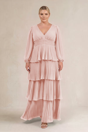 Rose Petal V-Neck Tiered A-Line Long Sleeve Bridesmaid Dress (3) [sizeplus] | KISSBRIDAL