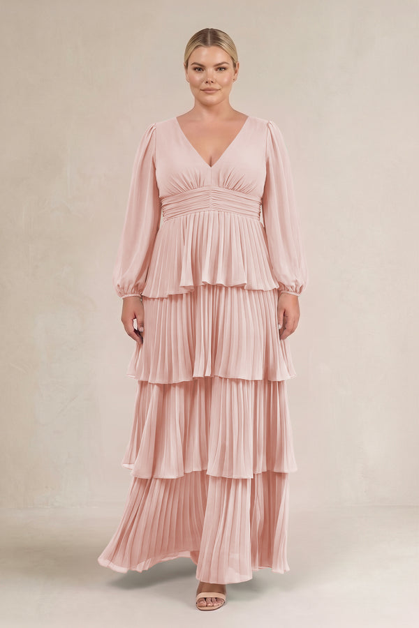 Rose Petal V-Neck Tiered A-Line Long Sleeve Bridesmaid Dress (3) [sizeplus] | KISSBRIDAL