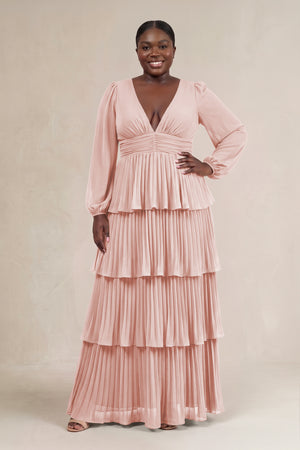 Rose Petal V-Neck Tiered A-Line Long Sleeve Bridesmaid Dress [sizeplus] | KISSBRIDAL