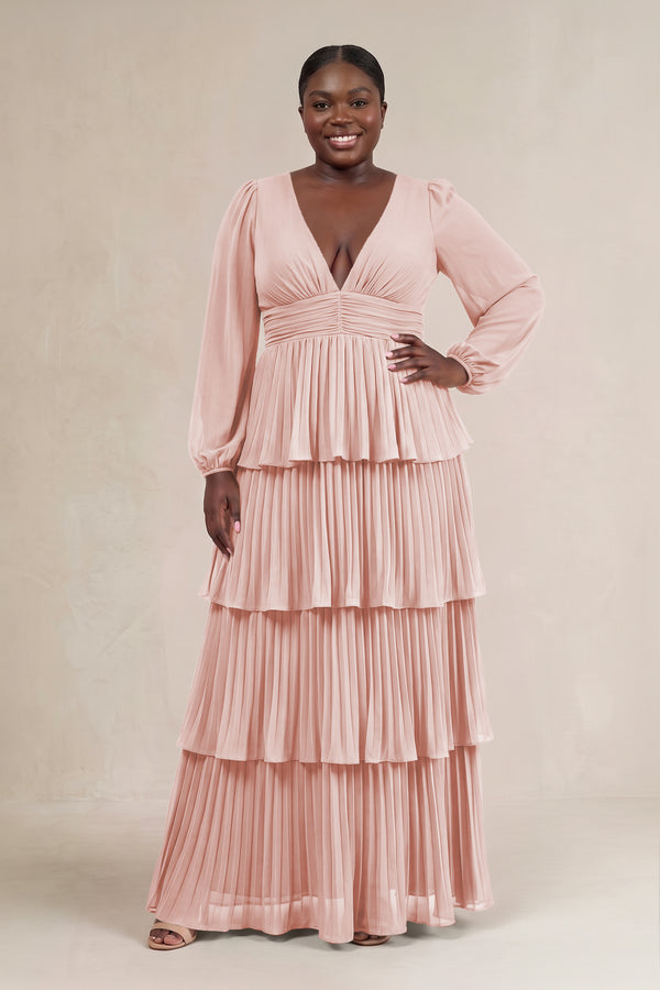 Rose Petal V-Neck Tiered A-Line Long Sleeve Bridesmaid Dress [sizeplus] | KISSBRIDAL