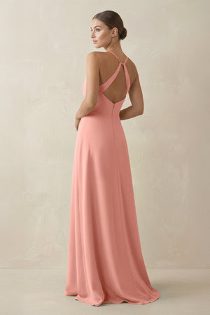 Rosette A-Line Chiffon Long Bridesmaid Dress With Slit (2) | KISSBRIDAL