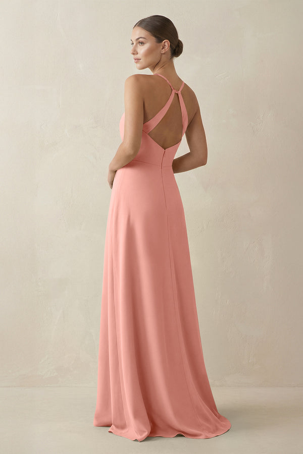 Rosette A-Line Chiffon Long Bridesmaid Dress With Slit (2) | KISSBRIDAL
