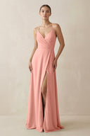 Rosette A-Line Chiffon Long Bridesmaid Dress With Slit | KISSBRIDAL