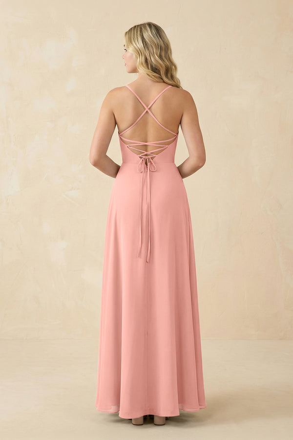 Rosette A-Line Chiffon Spaghetti Strap Bridesmaid Dress (2) | KISSBRIDAL