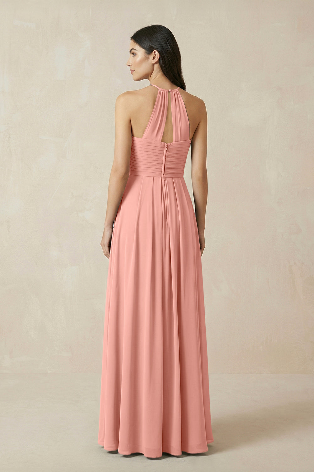 A-Line Halter Neck Pleated Chiffon Bridesmaid Dress in Rosette