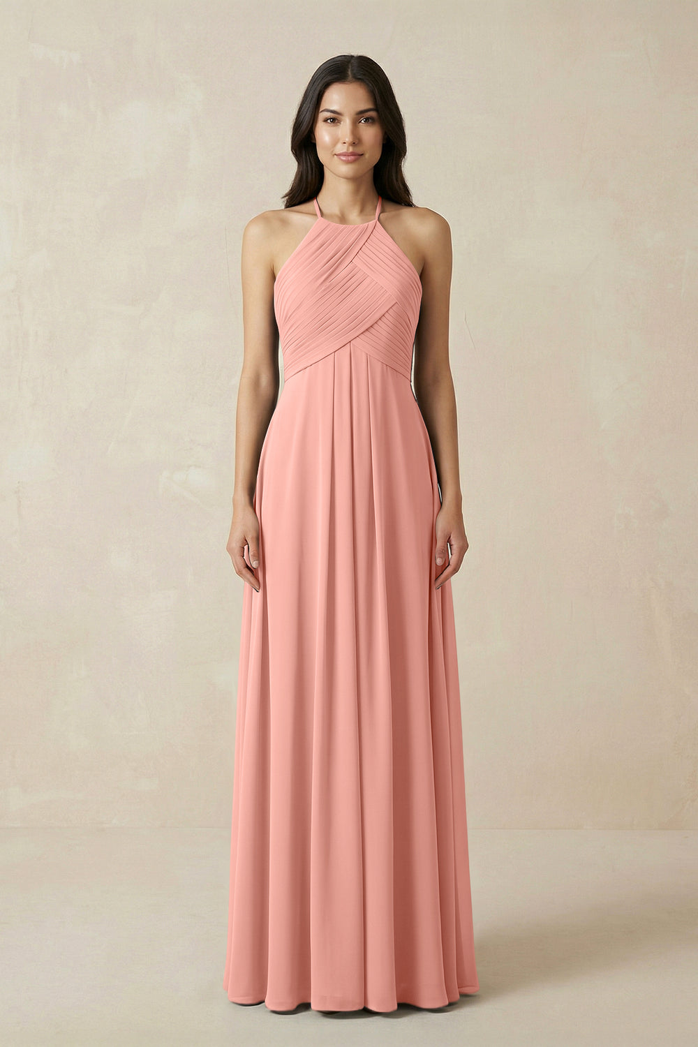 A-Line Halter Neck Pleated Chiffon Bridesmaid Dress in Rosette
