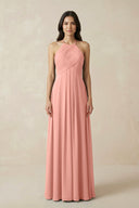 Rosette A-Line Halter Neck Pleated Chiffon Bridesmaid Dress | KISSBRIDAL