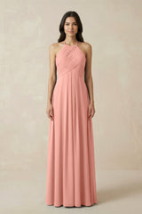 Rosette A-Line Halter Neck Pleated Chiffon Bridesmaid Dress | KISSBRIDAL