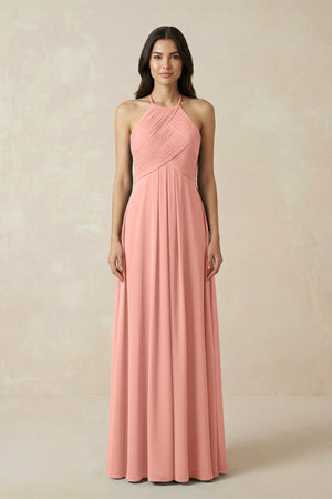 Rosette A-Line Halter Neck Pleated Chiffon Bridesmaid Dress | KISSBRIDAL