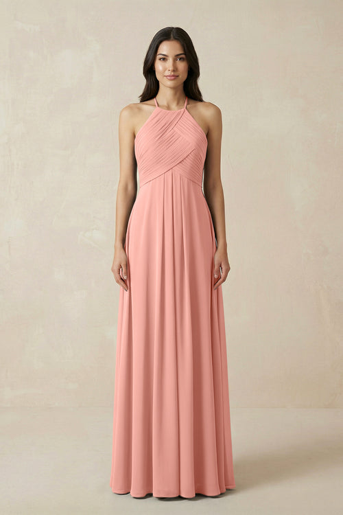 Rosette A-Line Halter Neck Pleated Chiffon Bridesmaid Dress | KISSBRIDAL